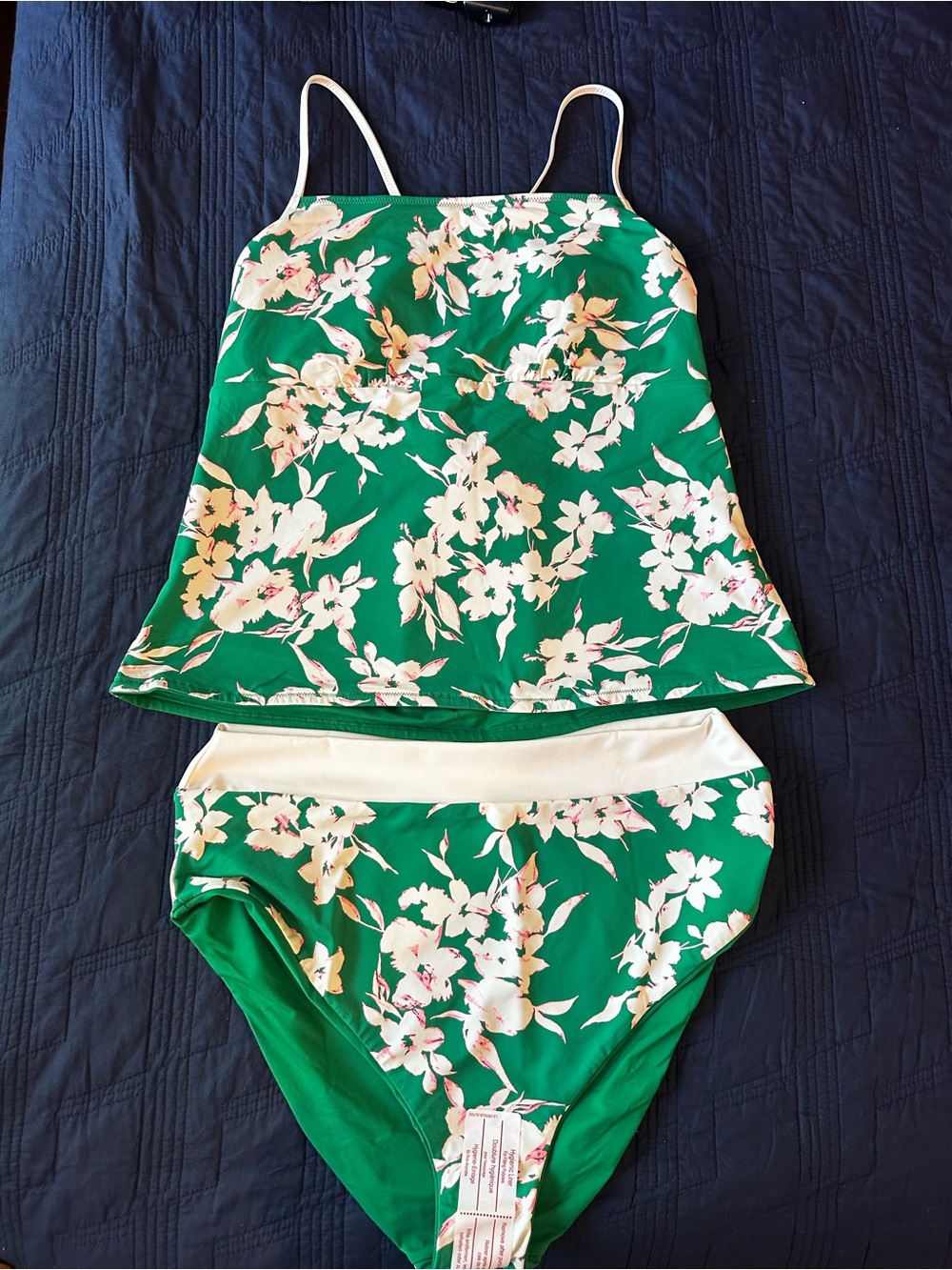 Lands' End Green Floral Backless Tankini with White Trim